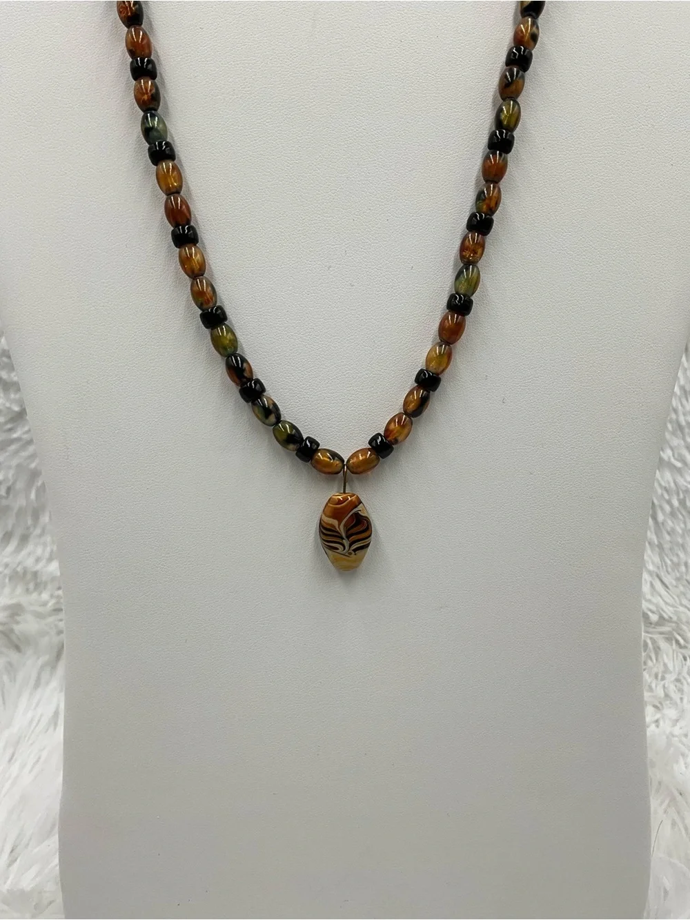 Earth Tone Glass Bead Pendant Necklace Swirl Art Glass Pendant
